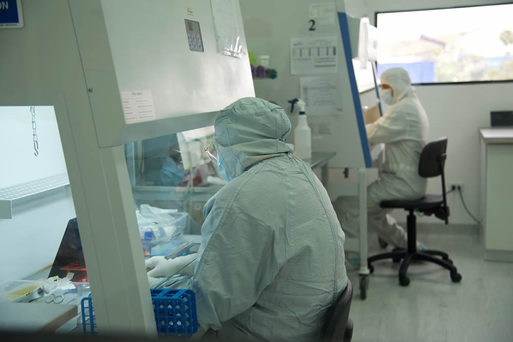 Personal especializado de Biogenik trabajando en laboratorio GMP con trajes estériles y equipos de alta precisión